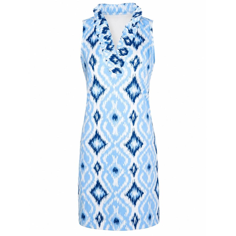 Gretchen Scott Blue White Ikat Print Ruffle Collar Shift Dress Resort Preppy MED